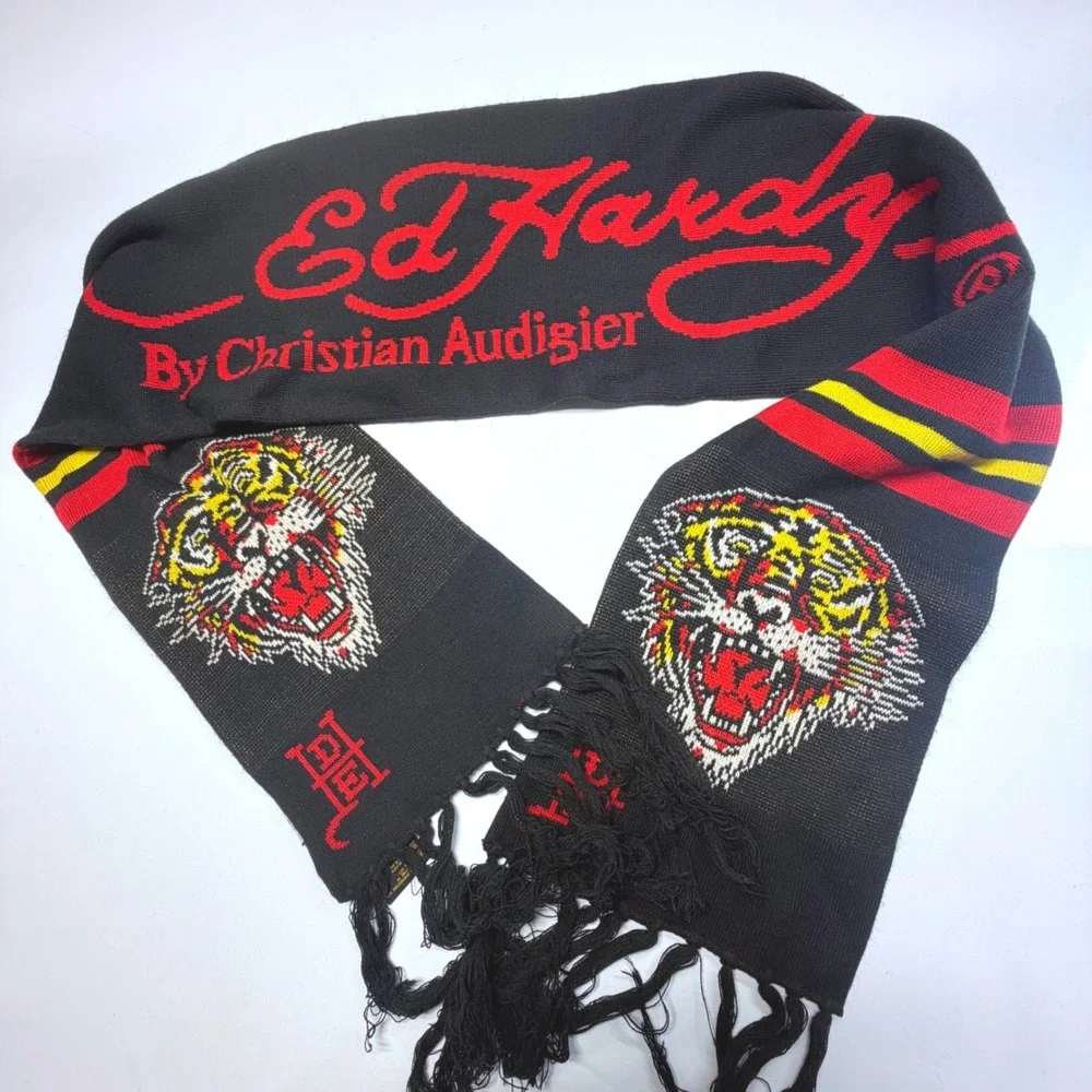 Ed Hardy Tiger Scarf Y2K McBling‎ Tattoo Graphic Black Fringe